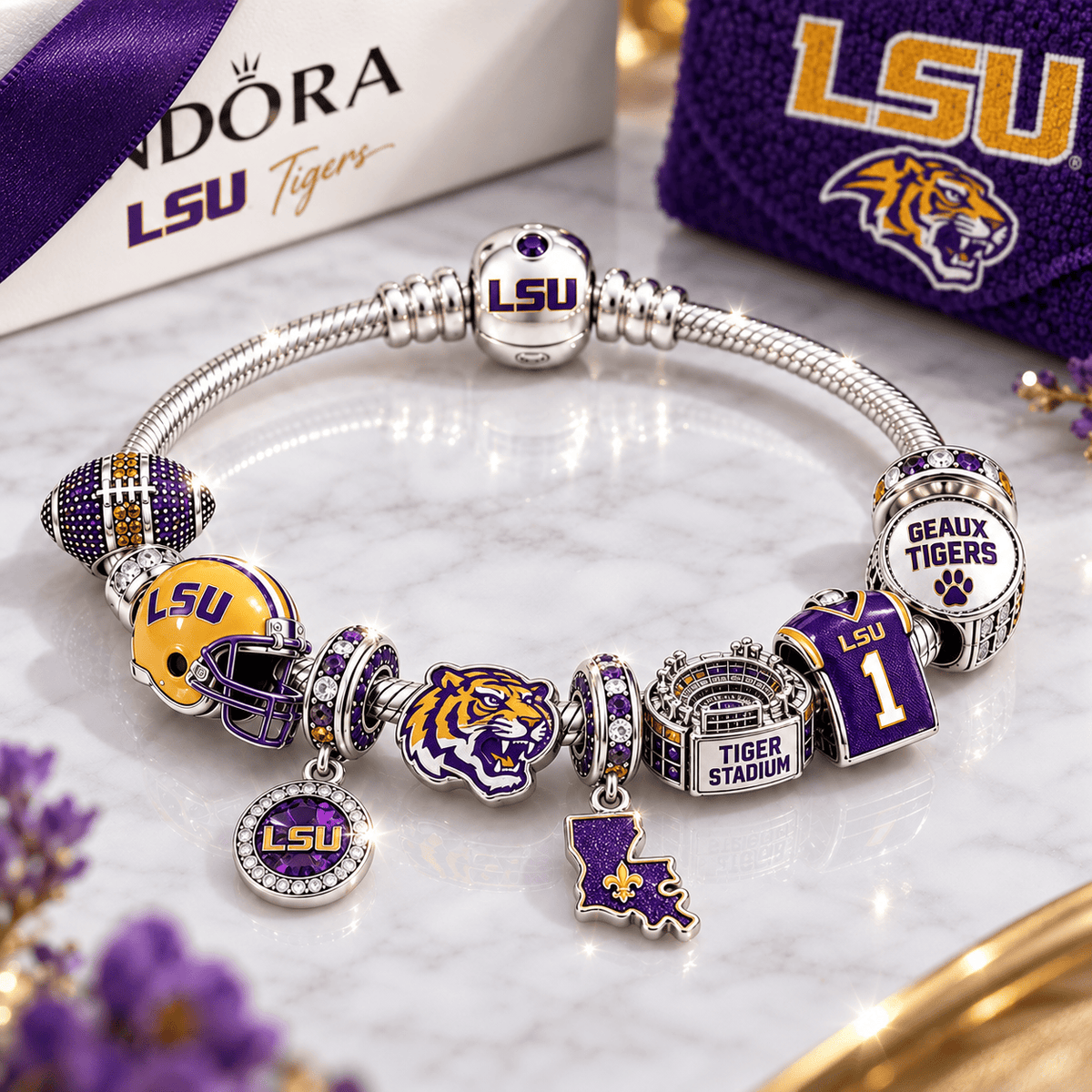 LSU Silver Charm Bracelet Set BMD